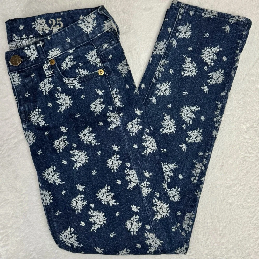 J.Crew Cropped Matchstick Jeans Size 25 Floral Print‎ Low Rise Retro Blue White